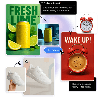 Collage of generated campaign assets: a lime soda can, sneakers and a red alarm clock poster