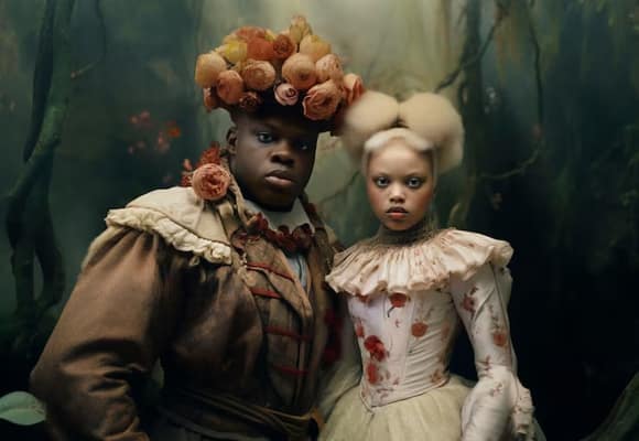 Two characters in baroque costume and floral headpieces in a dark forest