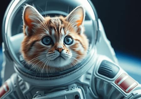 A kitten in an astronaut suit floating above Earth