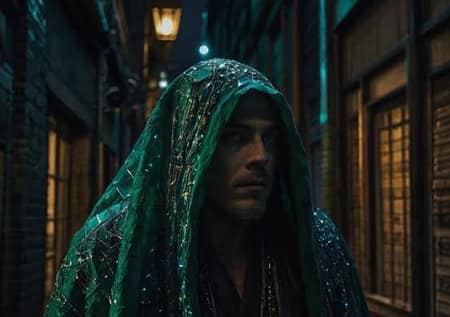 A man in a sequinned green cloak in a neon alley
