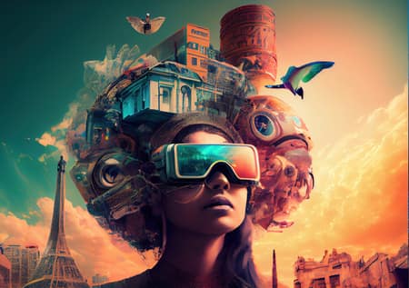 A woman in VR glasses with a city growing out of her head