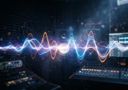 A glowing audio waveform over a mixing desk