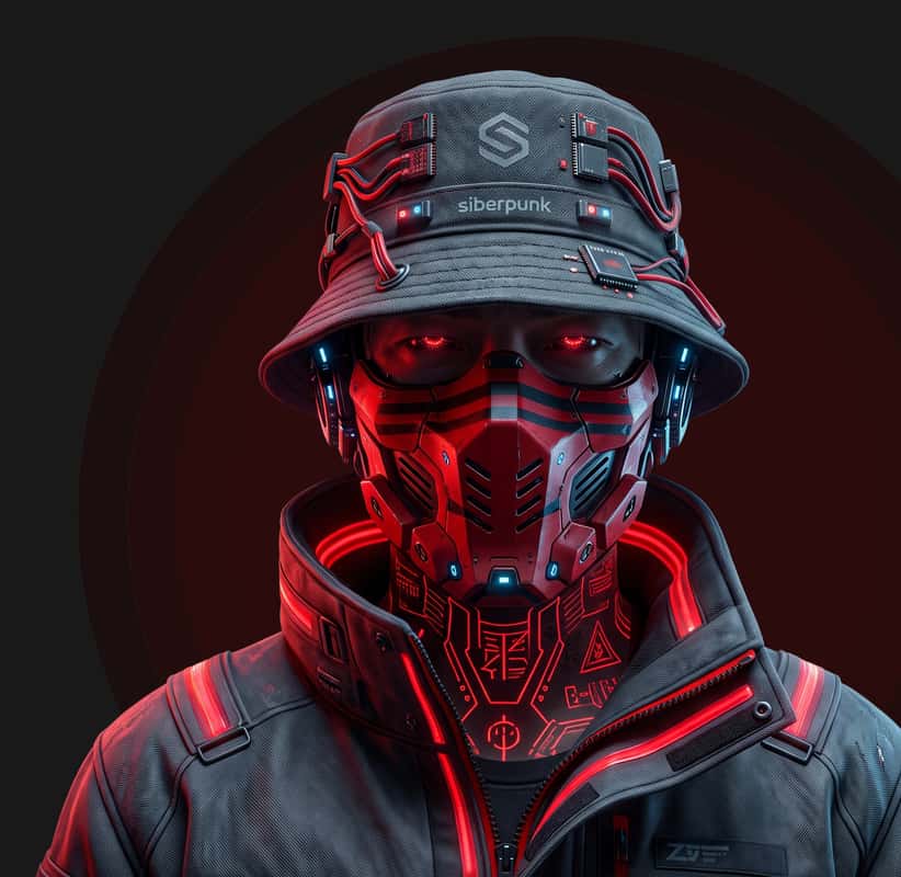 Cyberpunk portrait: a figure in a bucket hat and glowing red mask